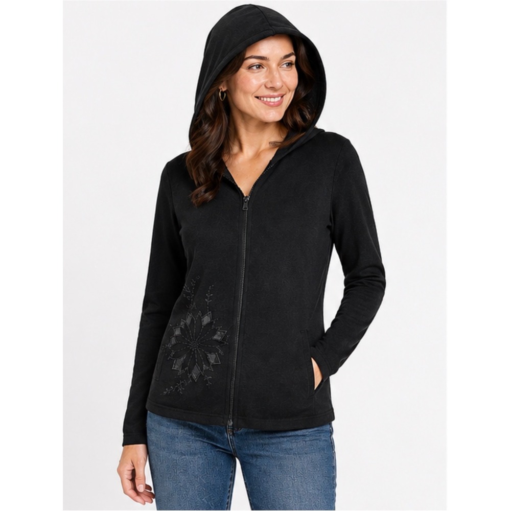 BCBG‎ Womens Black Embroidered Zip Front Hoodie Sweater XL